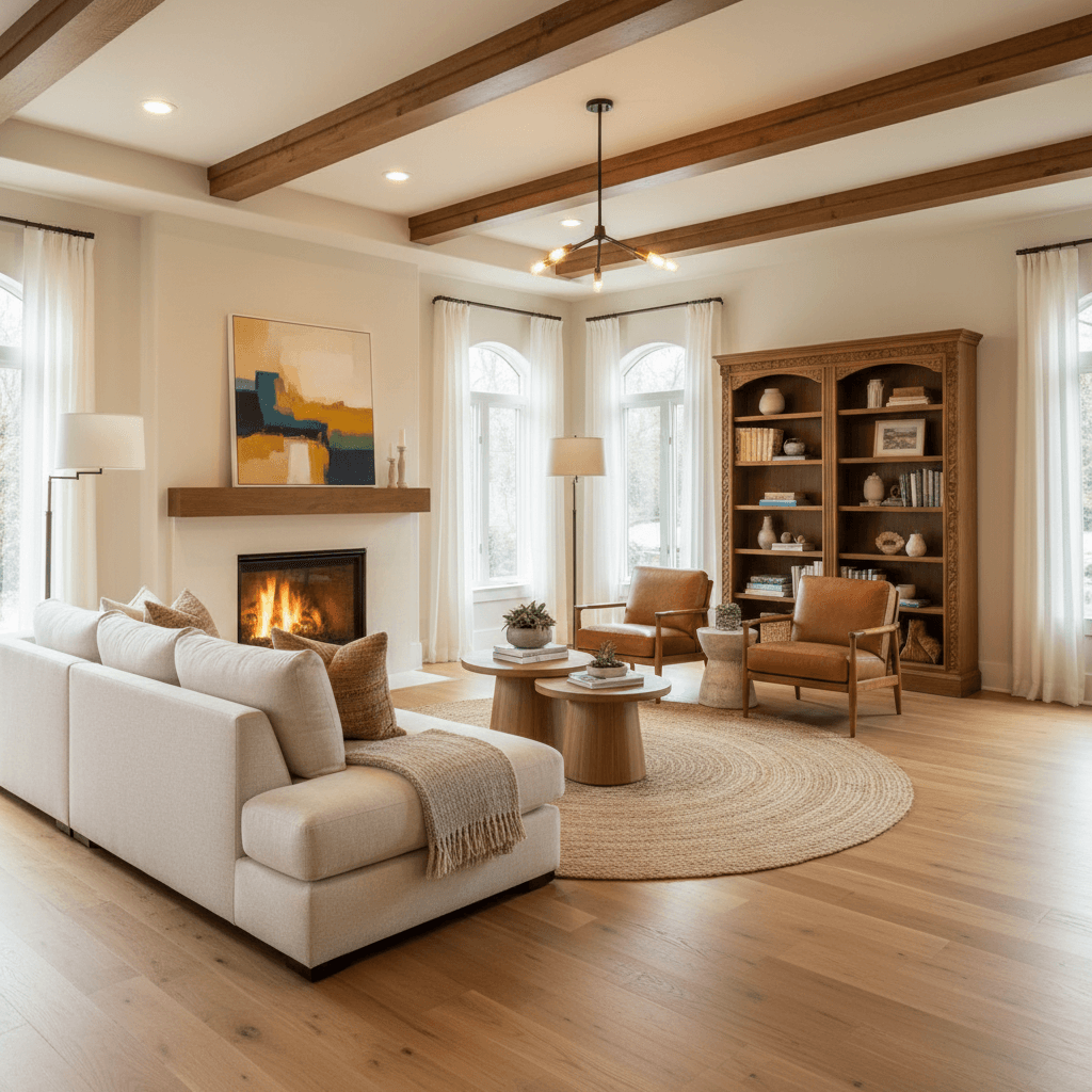Renovated living room with updated flooring and warm finishes