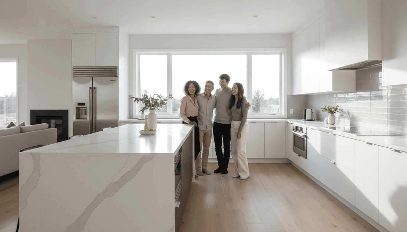 Modern kitchen renovation with white cabinetry and marble countertops